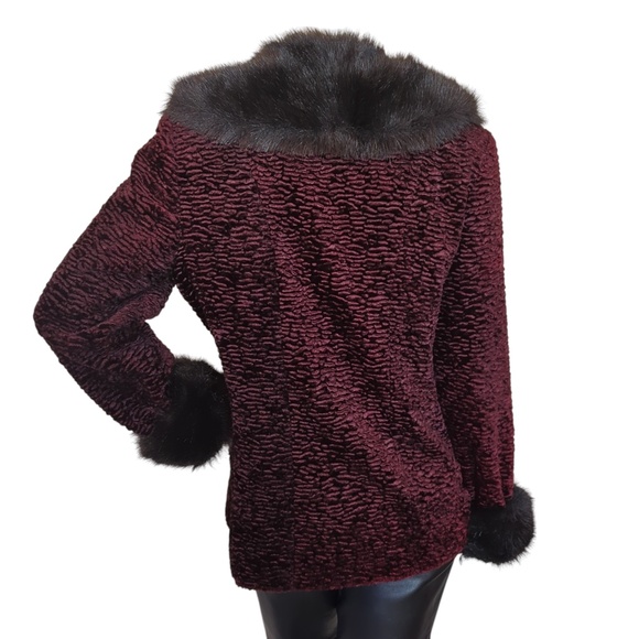 Vintage Burgundy Faux Persian Lamb Coat w/Faux Fur Trim Retro Glam - Picture 4 of 16
